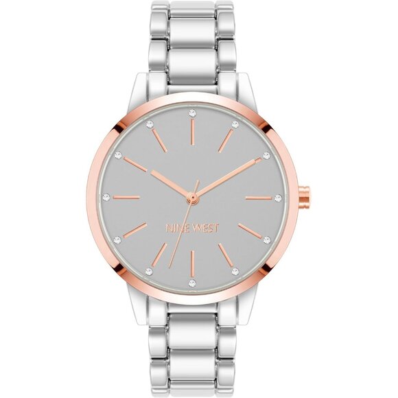 Nine West Women's silver band Rose Gold Dial Crystal Accented Bracelet Watch - Picture 1 of 4